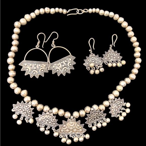 Egyptian Revival Stars Crescent Moon 800 Silver Necklace And Earrings 62.9g - Picture 1 of 8